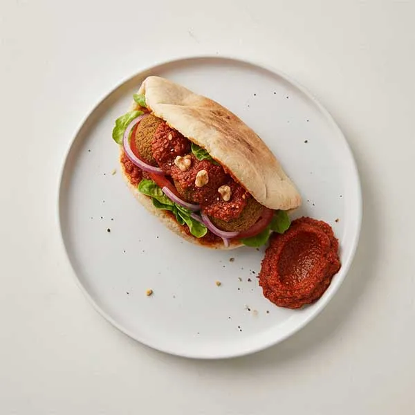 Handmade Falafel Pita Sandwich With Walnut & Roasted Pepper Muhammara